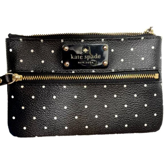 Kate Spade New York Black & White Polka Dot Wristlet PVC Leather 2 Zippers Purse - Picture 1 of 8